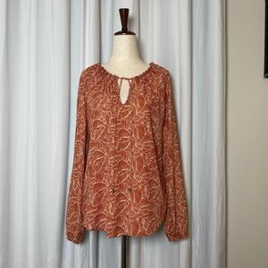 Bohme Rust Floral Boho Blouse Cottagecore Tie Neck Peasant Top XS NWT